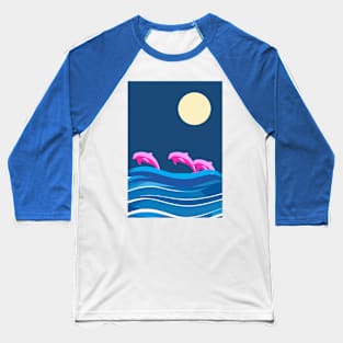 Dolphin jumping in the waves by night Baseball T-Shirt